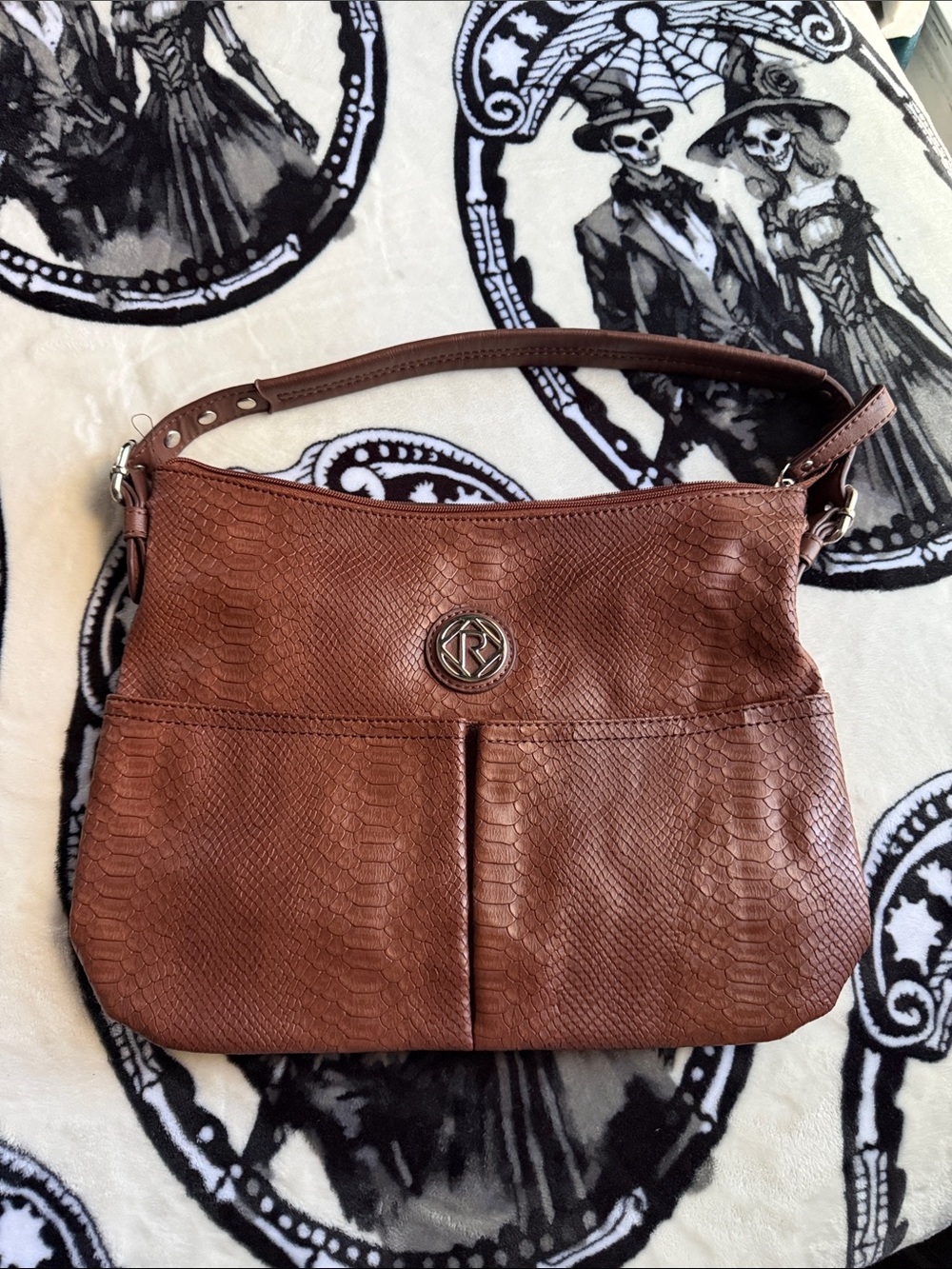 Rust Brown “Relic” Textured Shoulder Bag with Logo Accent